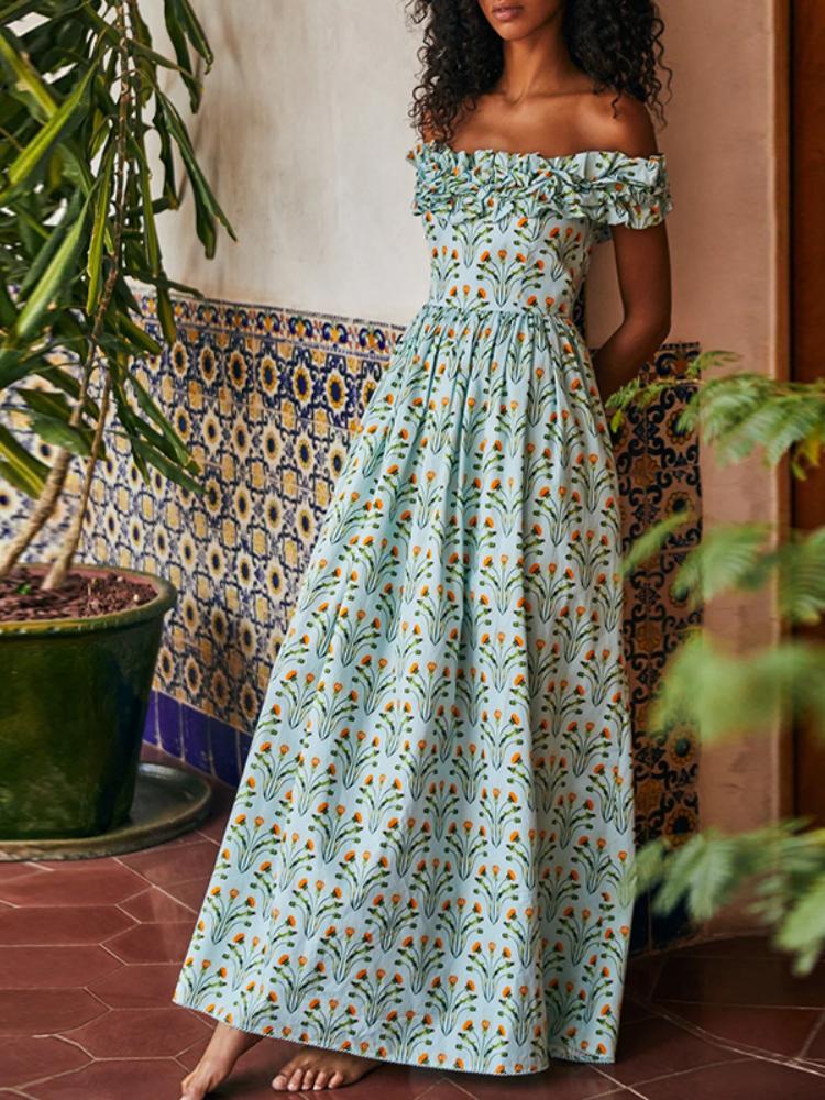 Donna Baskılı Fırfırlı Korse Düşük Omuzlu Maxi Elbise