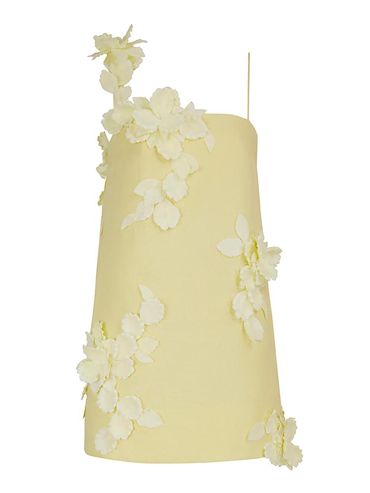 Evelyn Çiçek İşlemeli Mini Keten Sütun Elbise