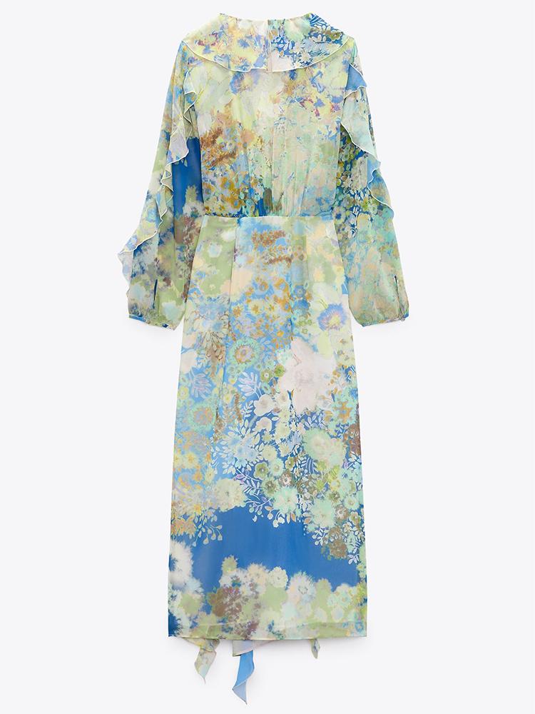 Cleo Baskılı V Yaka Fırfırlı Şifon Maxi Elbise