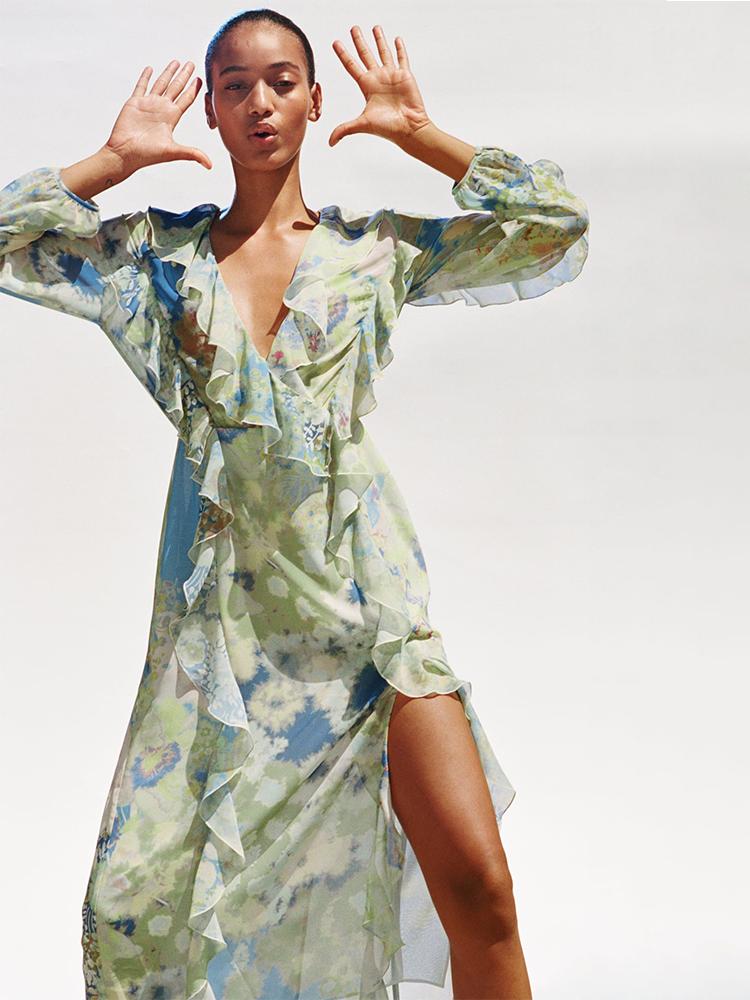 Cleo Baskılı V Yaka Fırfırlı Şifon Maxi Elbise