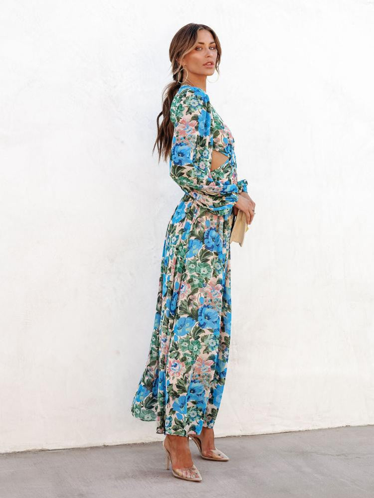 Andrey Baskılı V Yaka Cut Out Maxi Elbise