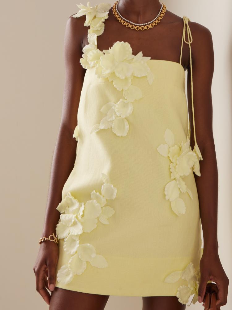 Evelyn Çiçek İşlemeli Mini Keten Sütun Elbise