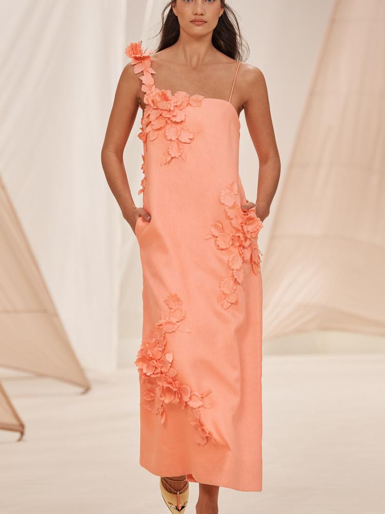 Evelyn Çiçek İşlemeli Keten Midi Sütun Elbise