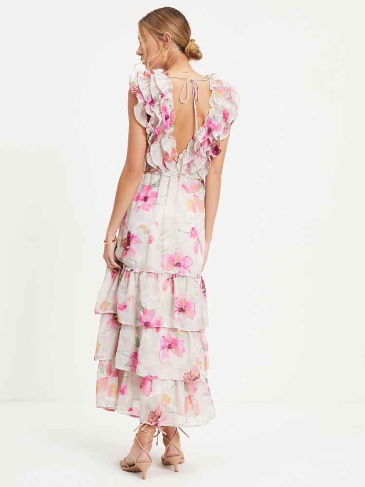 Doreen Baskılı Fırfırlı V Yaka Katlı Maxi Elbise