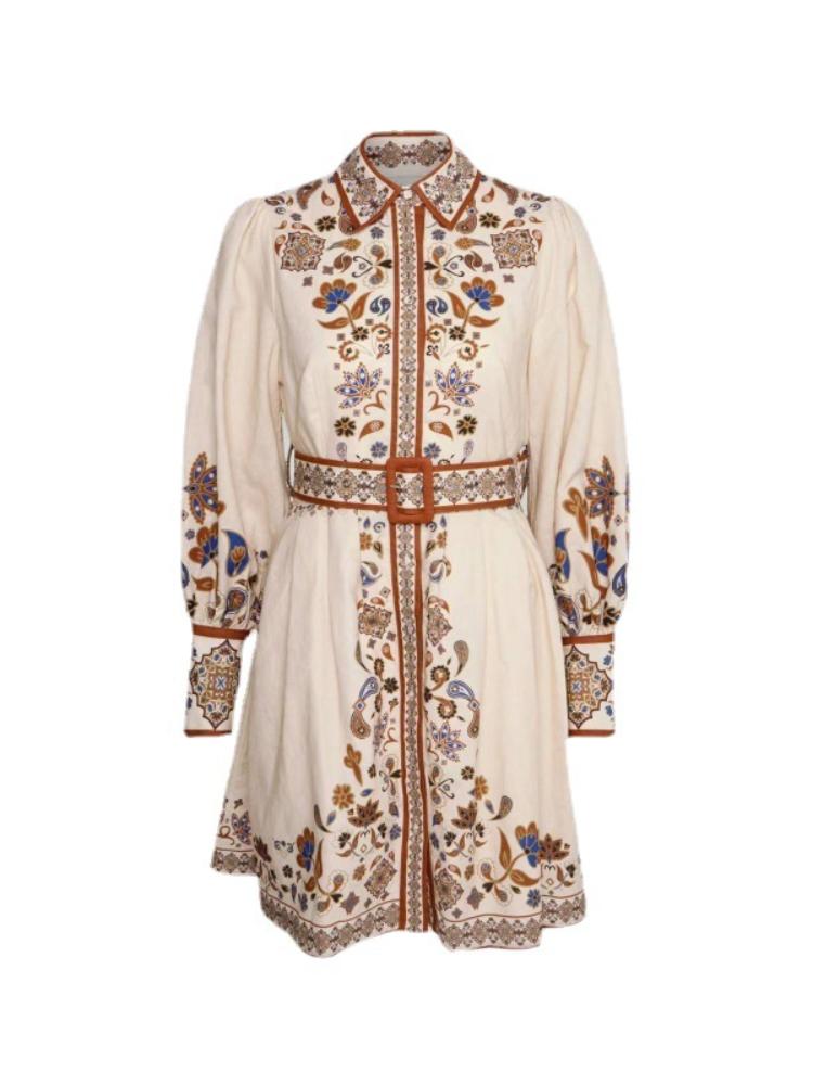 İncili Baskılı Kuşaklı Mini Gömlek Elbise