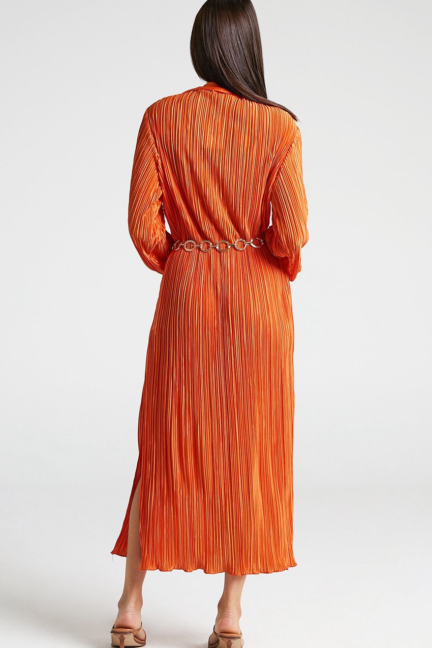 Eartha V Yaka Plisse Midi Gömlek Elbise