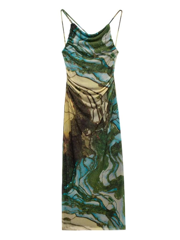 Eartha Baskılı Sırtı Açık Midi Slip Elbise