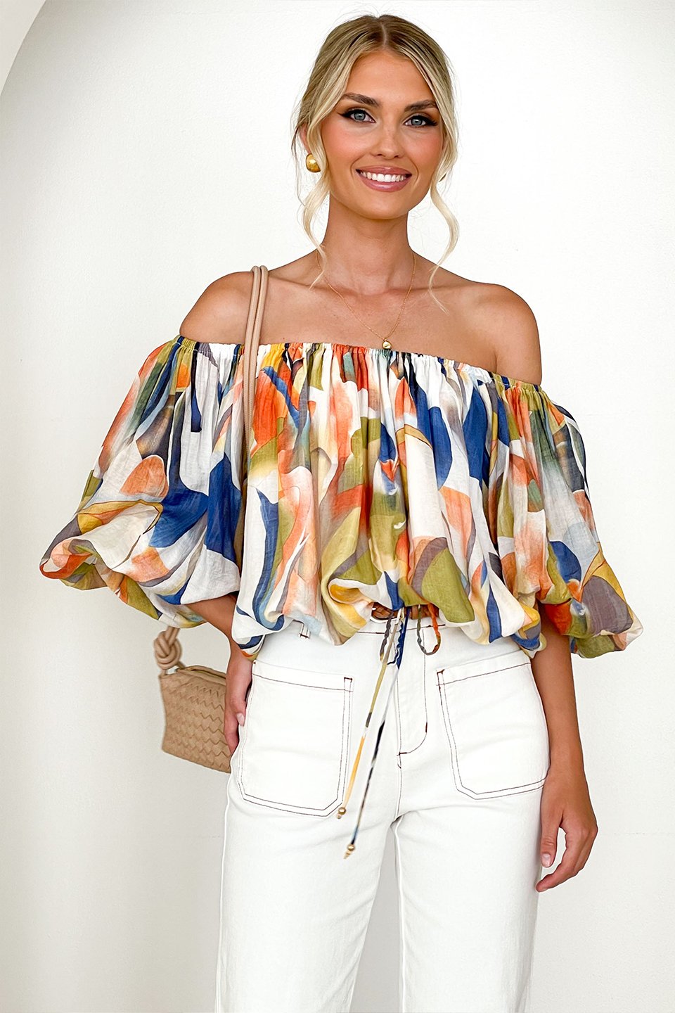 Erin Baskılı Düşük Omuzlu Büzgülü Üst