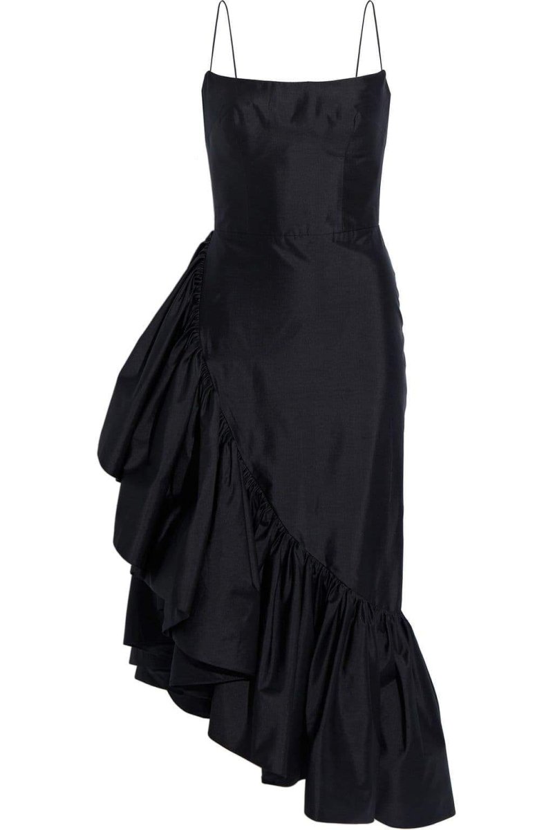 Gelincik Asimetrik Fırfırlı Midi Elbise