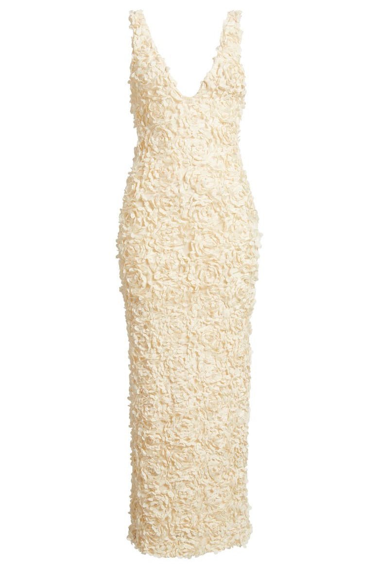 Çiçek Aplikeli V Yaka Maxi Örgü Elbise