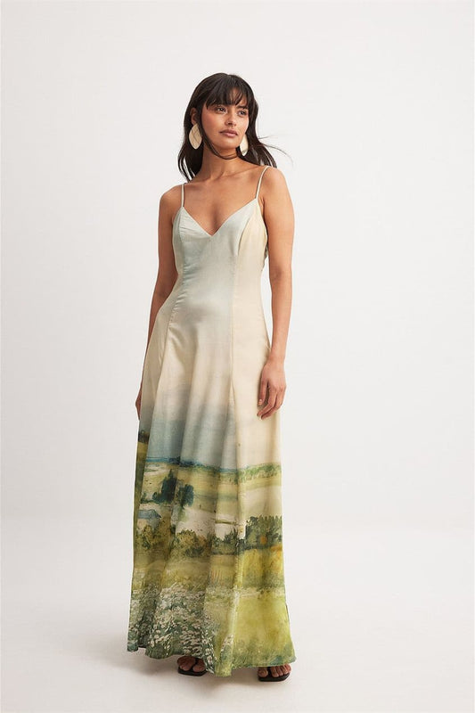 Edith Baskılı V Yaka Maxi Slip Elbise