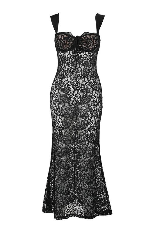 Rae Transparan Dantel Askılı Maxi Elbise