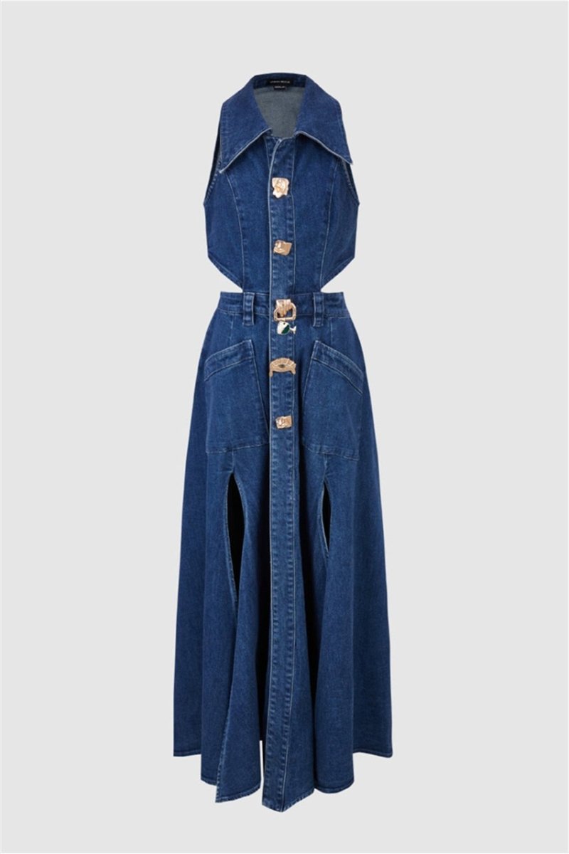 Regina Yaka Yaka Cut-Out Denim Maxi Elbise