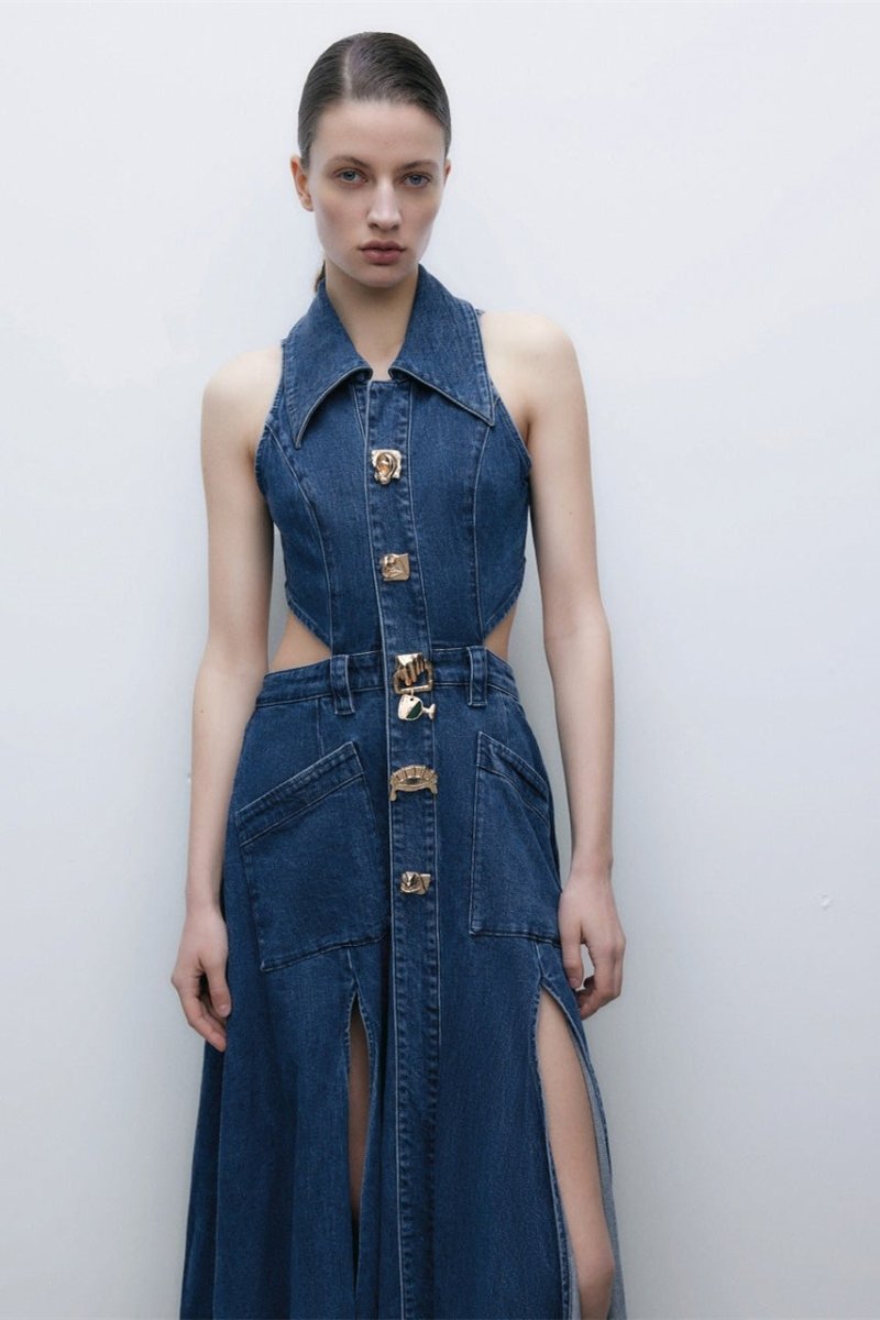 Regina Yaka Yaka Cut-Out Denim Maxi Elbise
