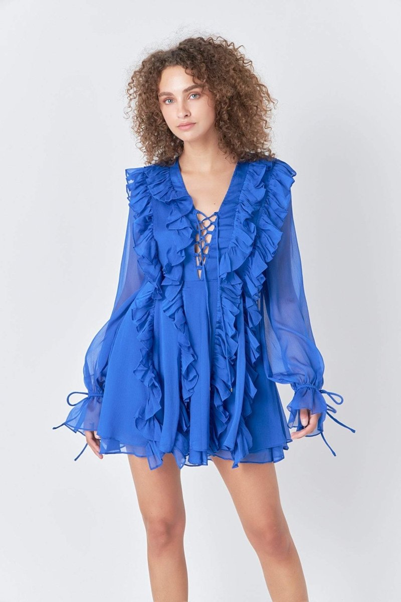 Rosalind Fırfırlı Katlı Bağcıklı A Kesim Mini Elbise