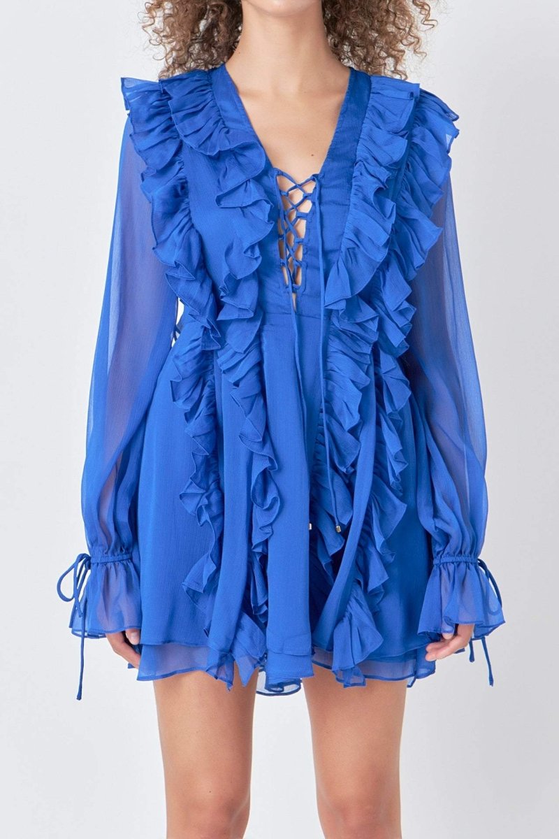 Rosalind Fırfırlı Katlı Bağcıklı A Kesim Mini Elbise