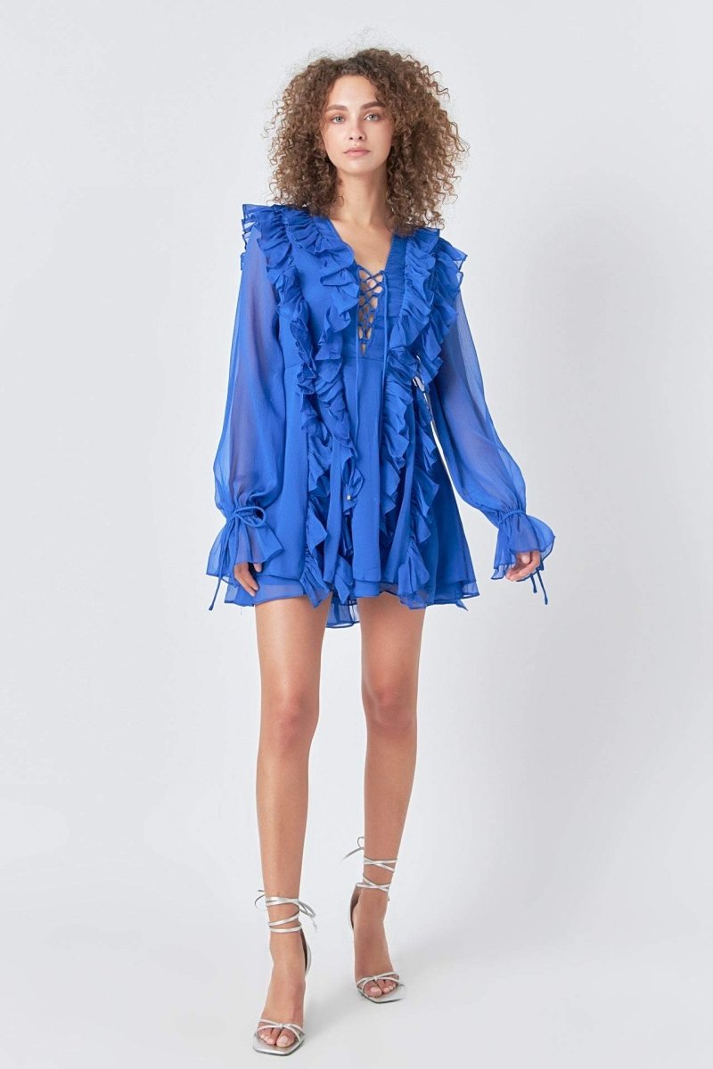 Rosalind Fırfırlı Katlı Bağcıklı A Kesim Mini Elbise