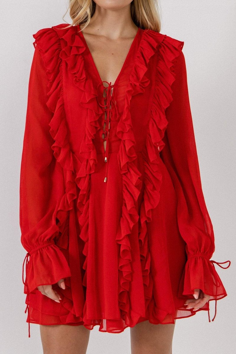 Rosalind Fırfırlı Katlı Bağcıklı A Kesim Mini Elbise