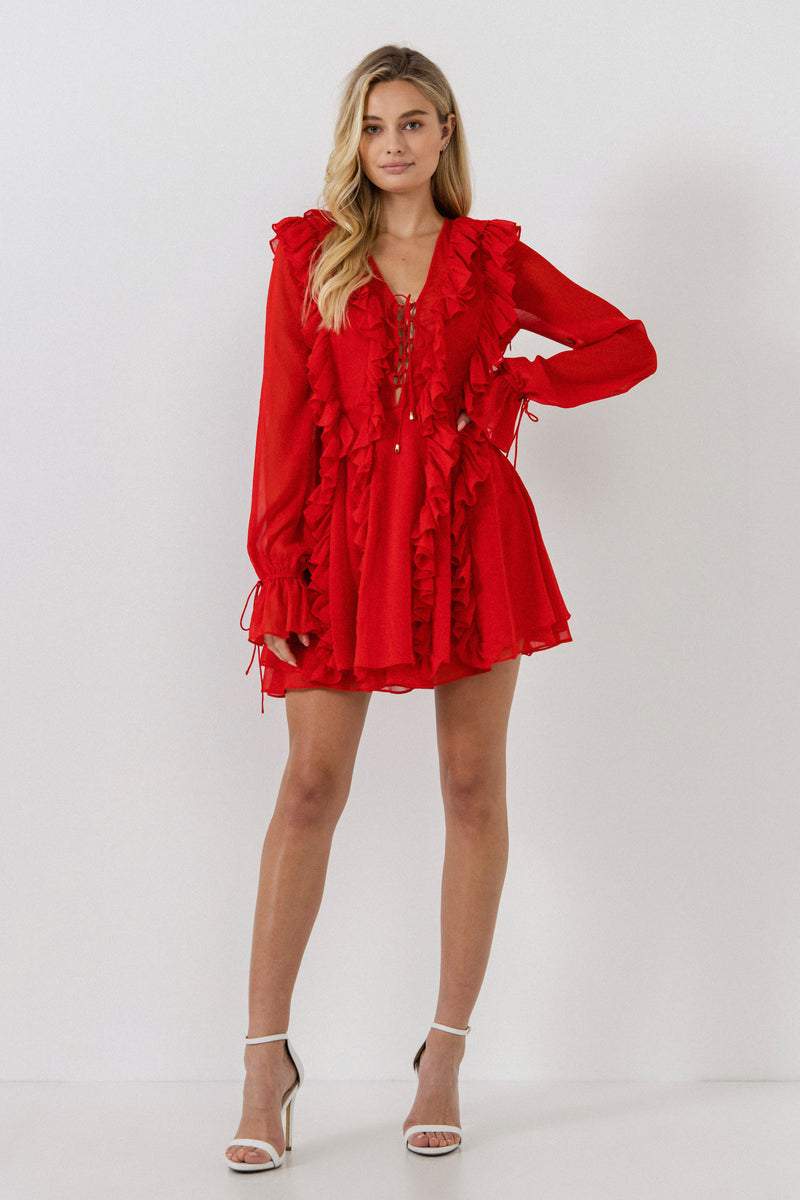 Rosalind Fırfırlı Katlı Bağcıklı A Kesim Mini Elbise