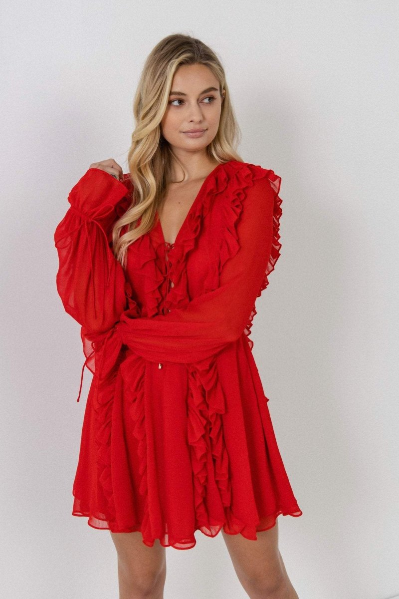 Rosalind Fırfırlı Katlı Bağcıklı A Kesim Mini Elbise