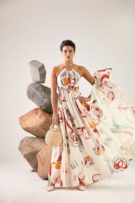 Sabina Soyut Çiçek Boyundan Bağlı Uzun Elbise