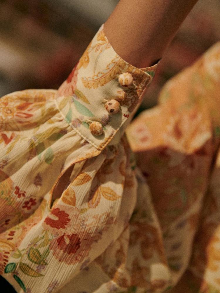 Sadie Çiçek Baskılı Şifon Düğmeli Kuşaklı Midi Gömlek Elbise