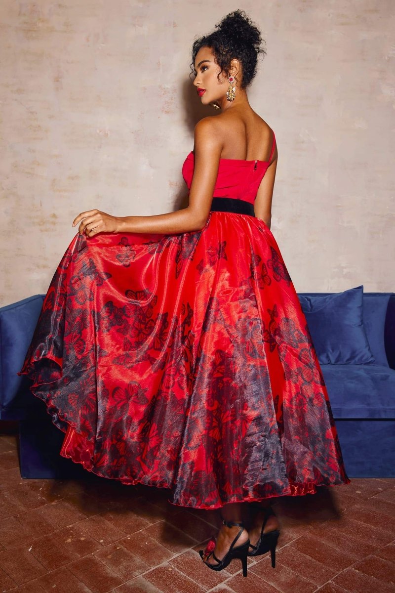 Samantha Kelebek Desenli Organze Midi Etek