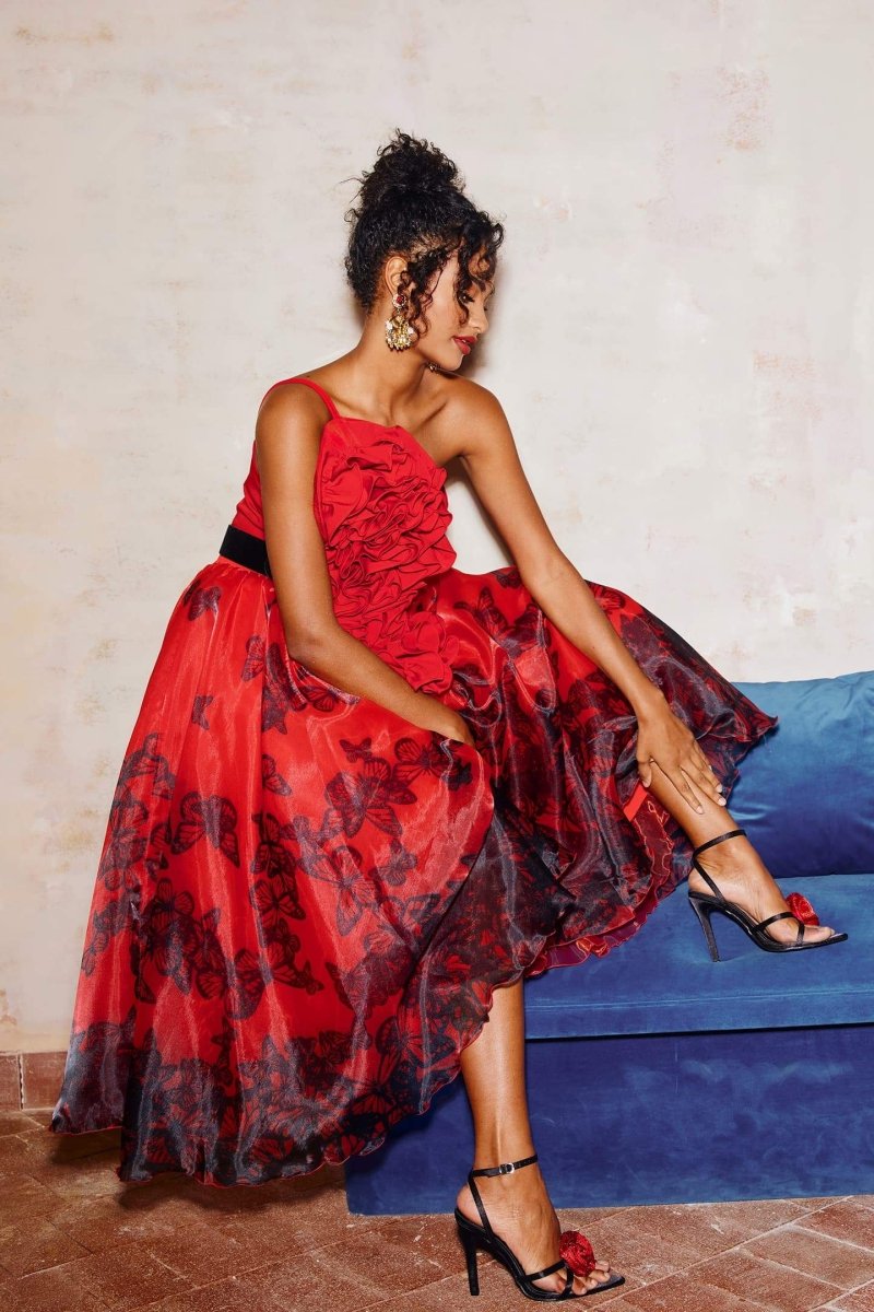 Samantha Kelebek Desenli Organze Midi Etek