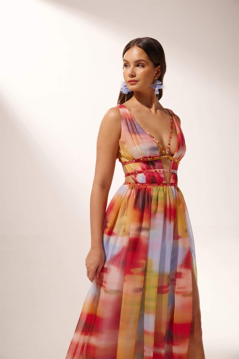 Sheila Baskılı Yüksek Yırtmaçlı Uzun Elbise