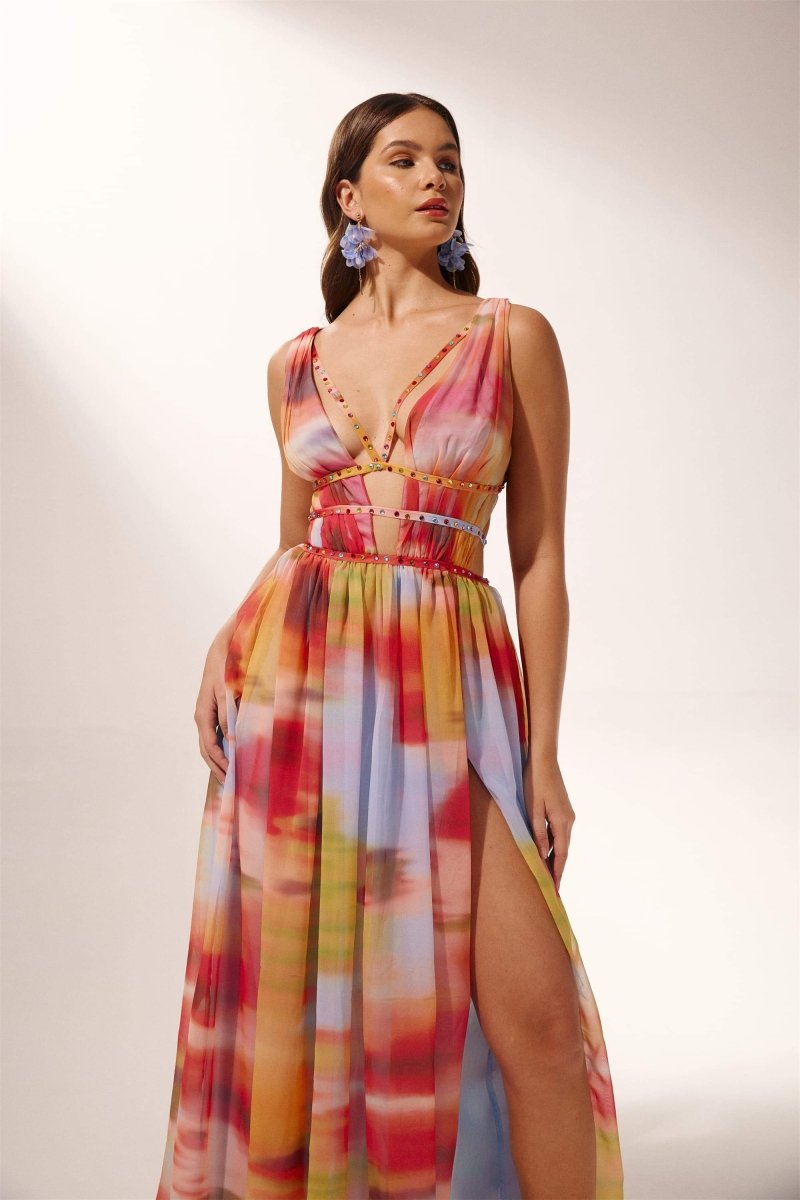 Sheila Baskılı Yüksek Yırtmaçlı Uzun Elbise