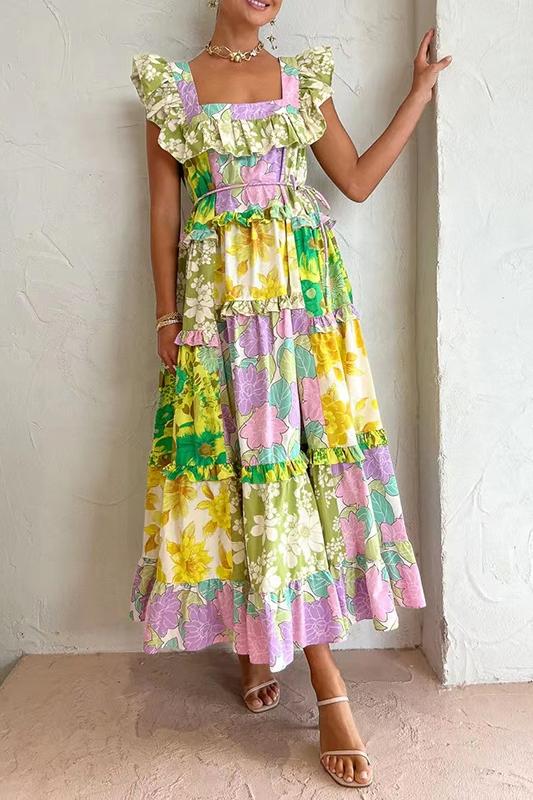 Shonna Baskılı Fırfırlı Kuşaklı Midi Elbise