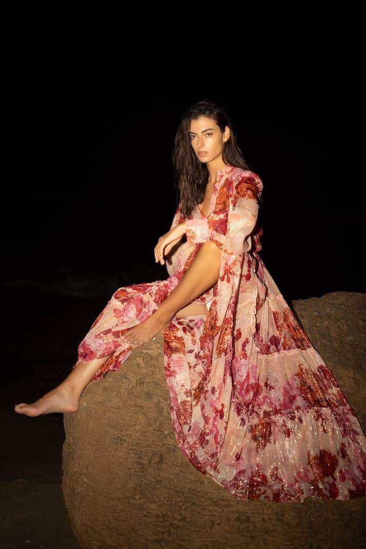 Sylvia Çiçekli Uzun Kollu Uzun Elbise