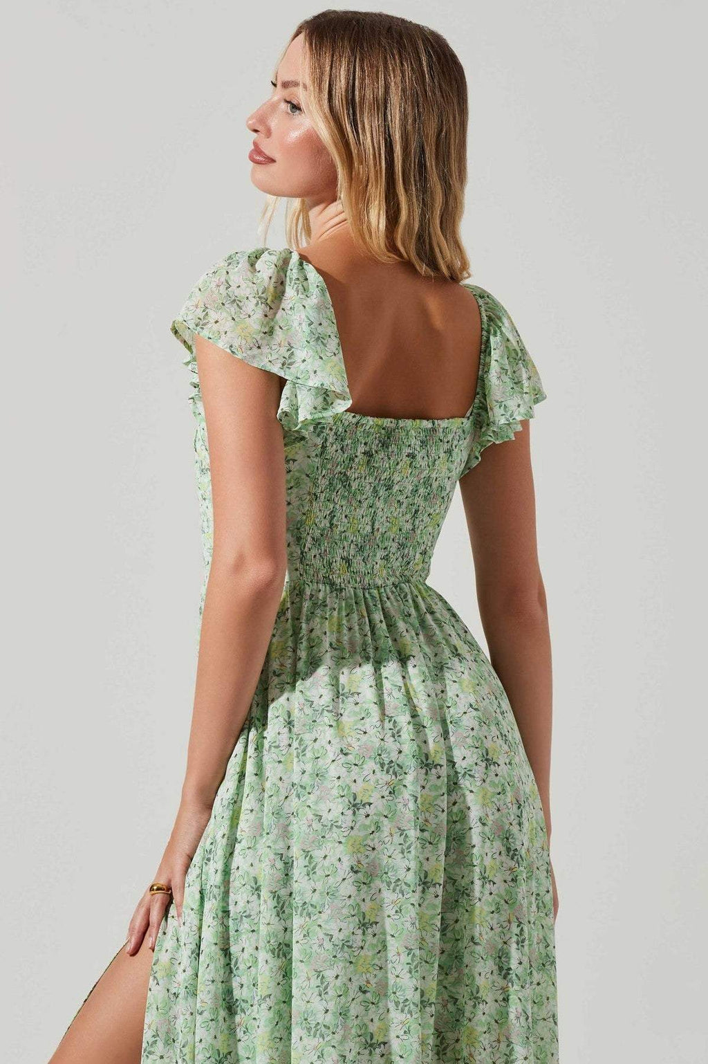 Terri Baskılı Pileli Korse Yırtmaçlı Midi Elbise