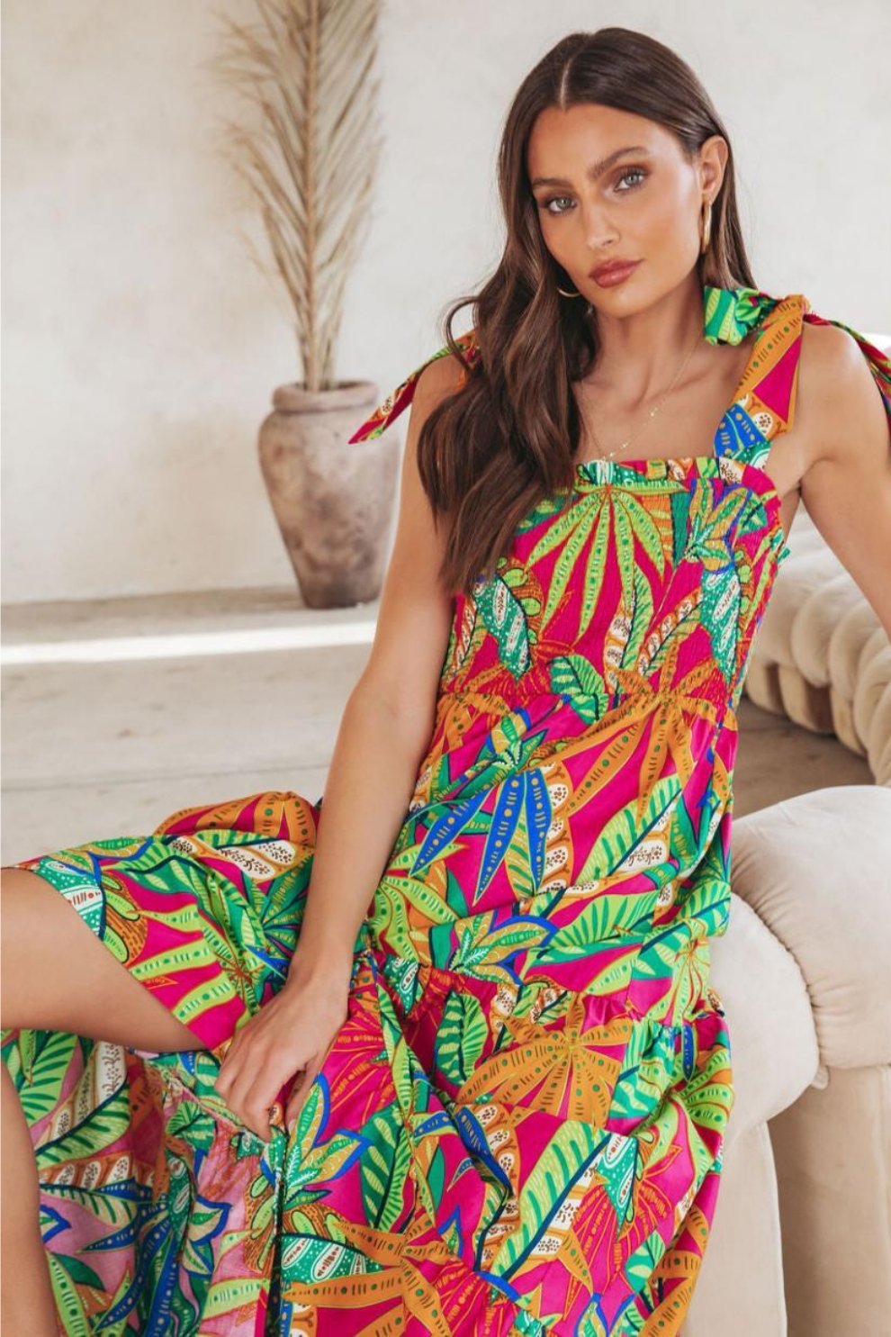 Thirza Baskılı Papyon Büzgülü Uzun Elbise