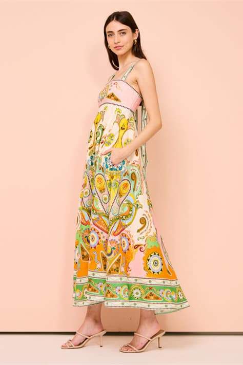 Una Grafik Desenli Kolsuz Midi Elbise