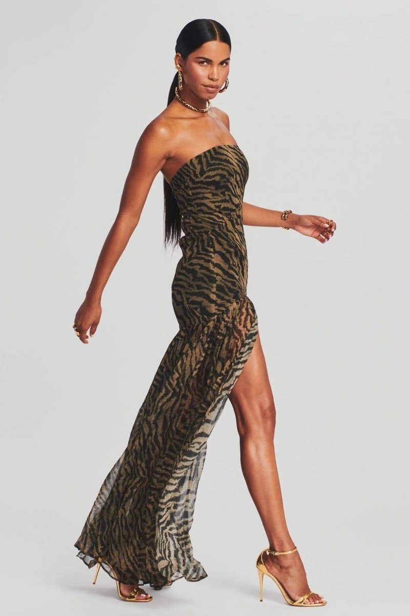 Viola Tiger Şerit Yırtmaçlı Transparan Maxi Elbise