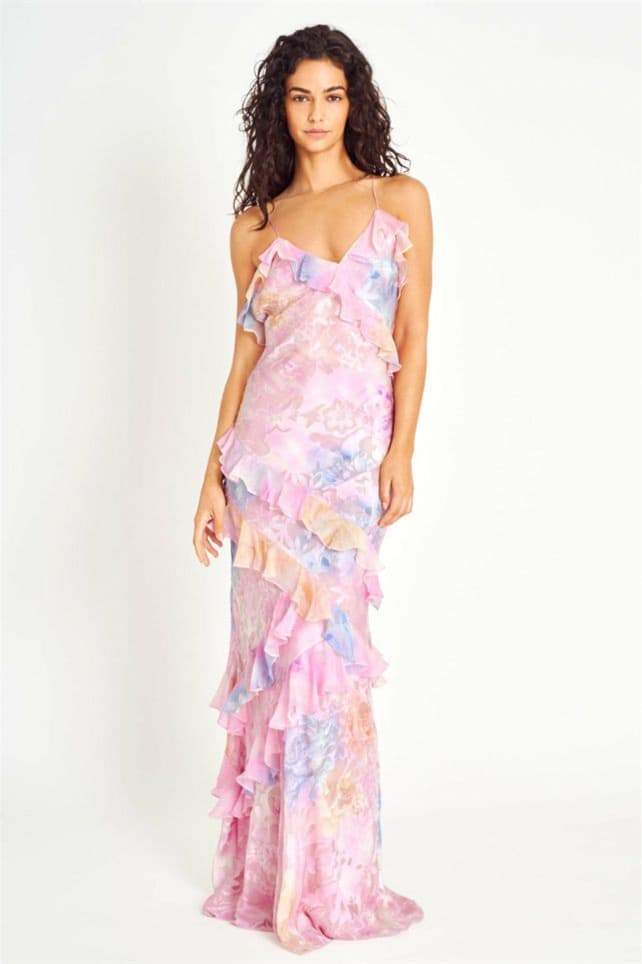 Virginia Çiçekli Fırfırlı Maxi Slip Elbise