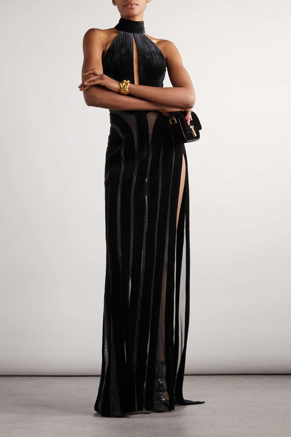 Novia Boyundan Bağlamalı Cut-Out Kadife Maxi Elbise