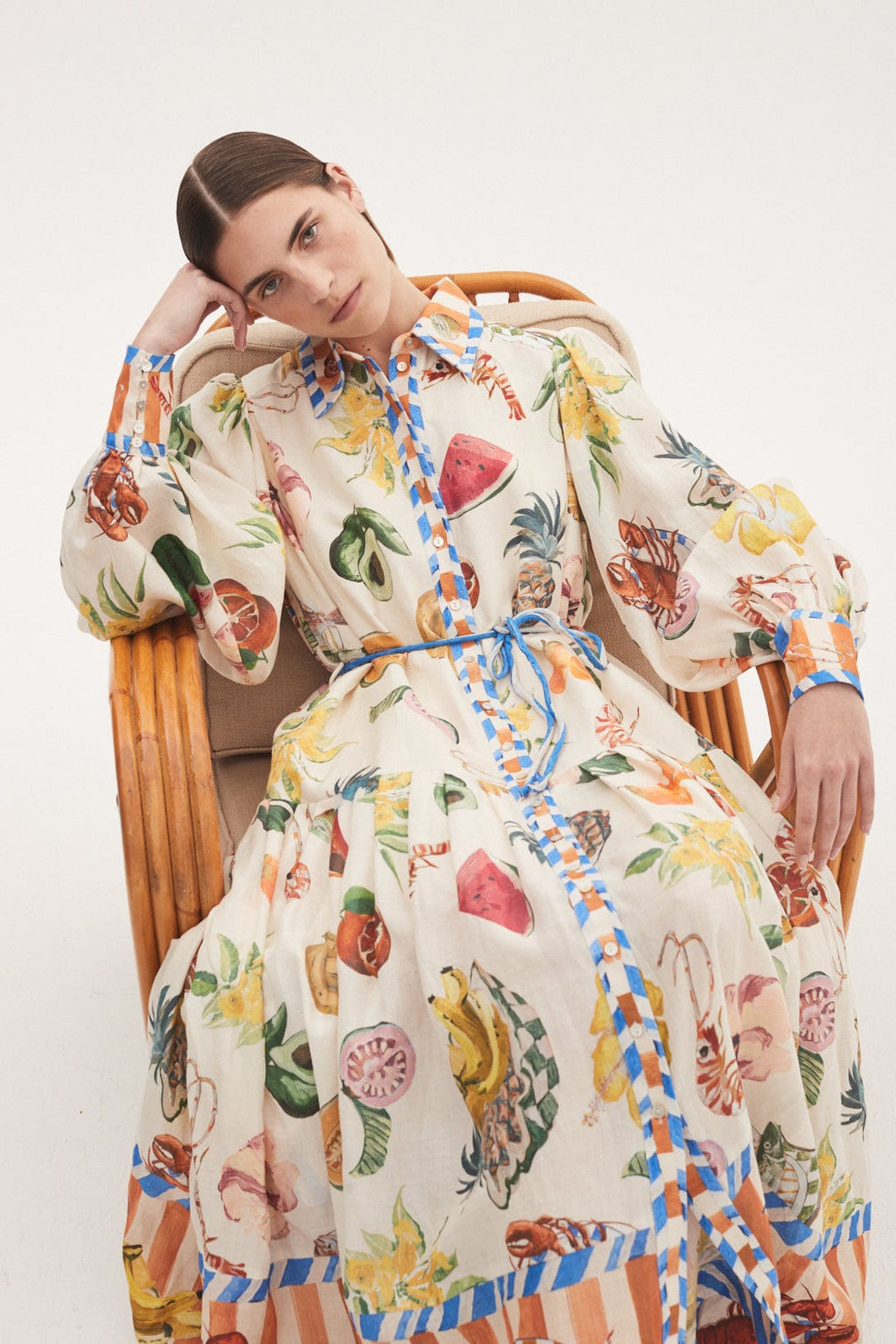 Willa Tropikal Baskılı Balon Kol Uzun Gömlek Elbise