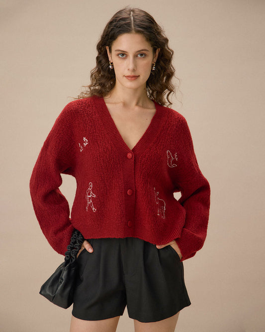 Kırmızı V Yaka Düşük Omuz Düğmeli Hırka