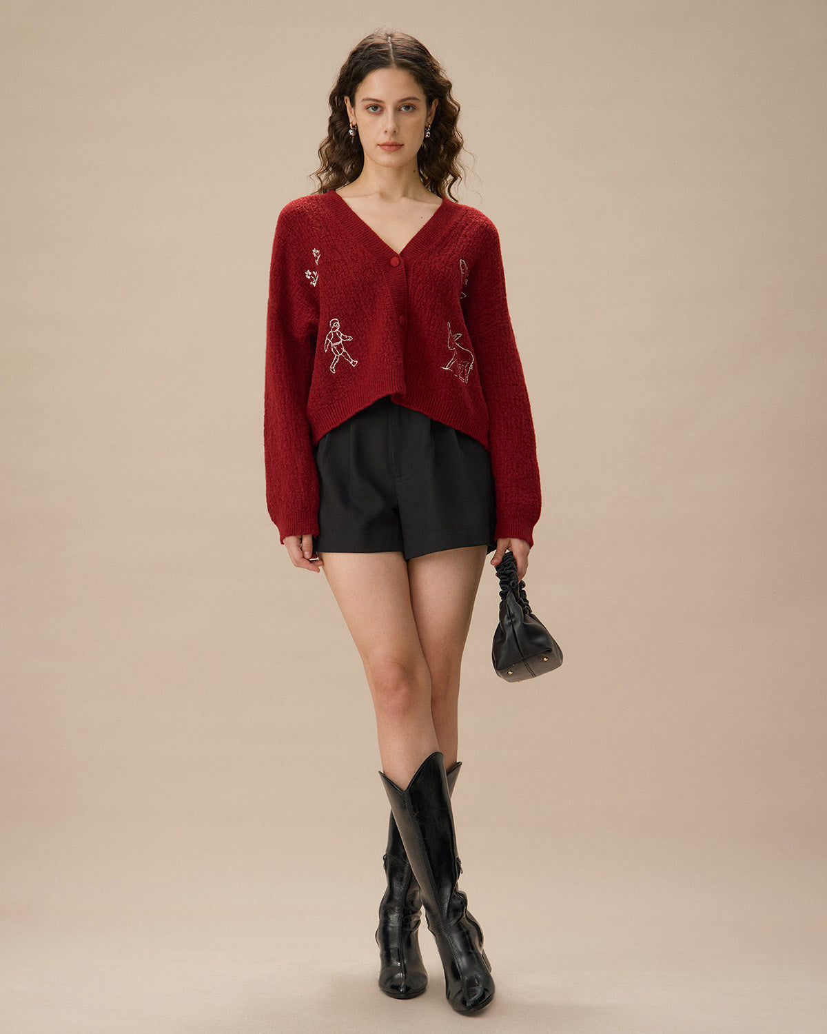 Kırmızı V Yaka Düşük Omuz Düğmeli Hırka