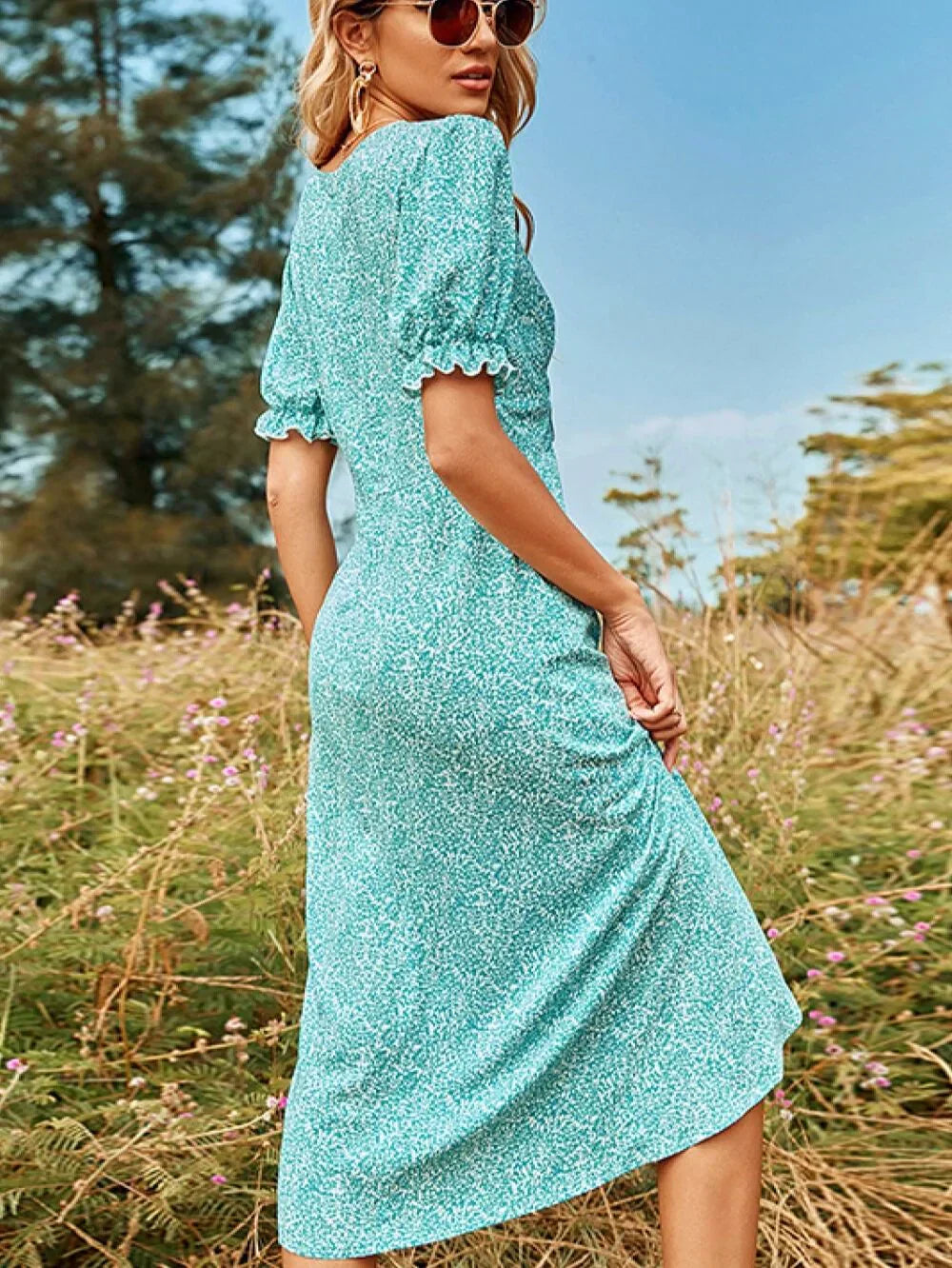 Puf Kollu Faux Wrap Midi Elbise