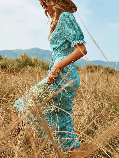 Puf Kollu Faux Wrap Midi Elbise