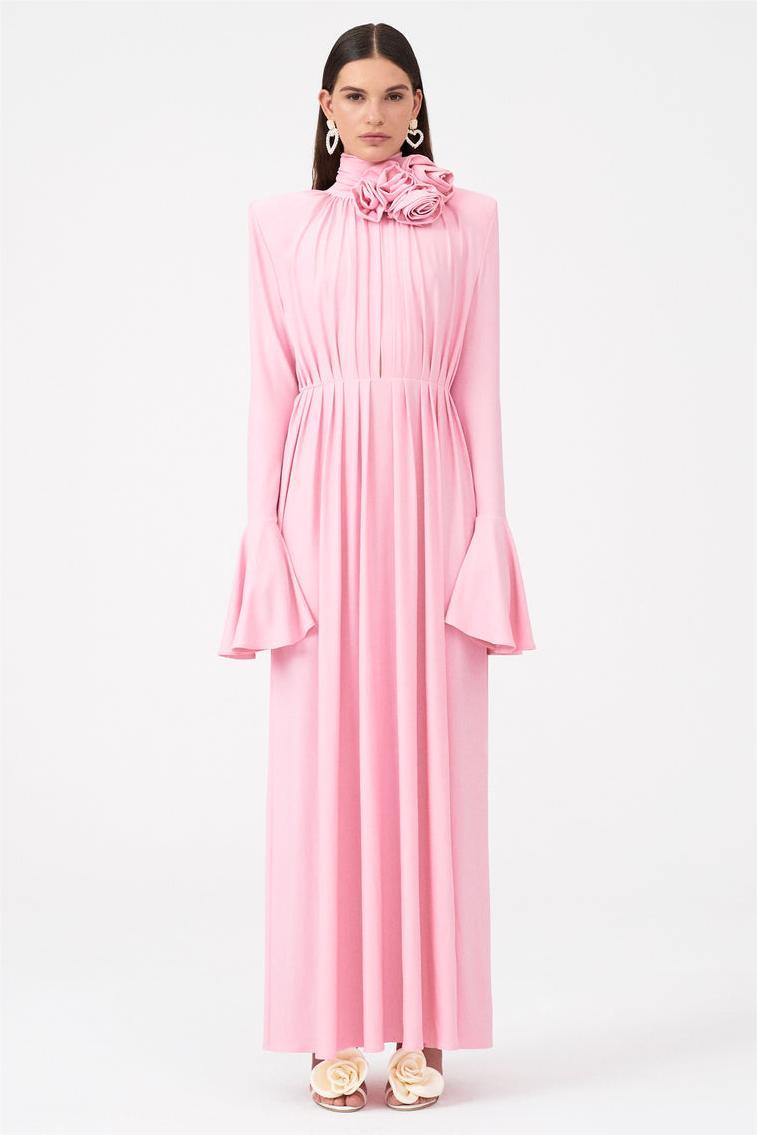 Yedda Çiçek Detaylı V Yaka Pileli Yırtmaçlı Maxi Elbise