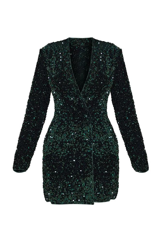 Yedda V Yaka Payetler Blazer Mini Elbise