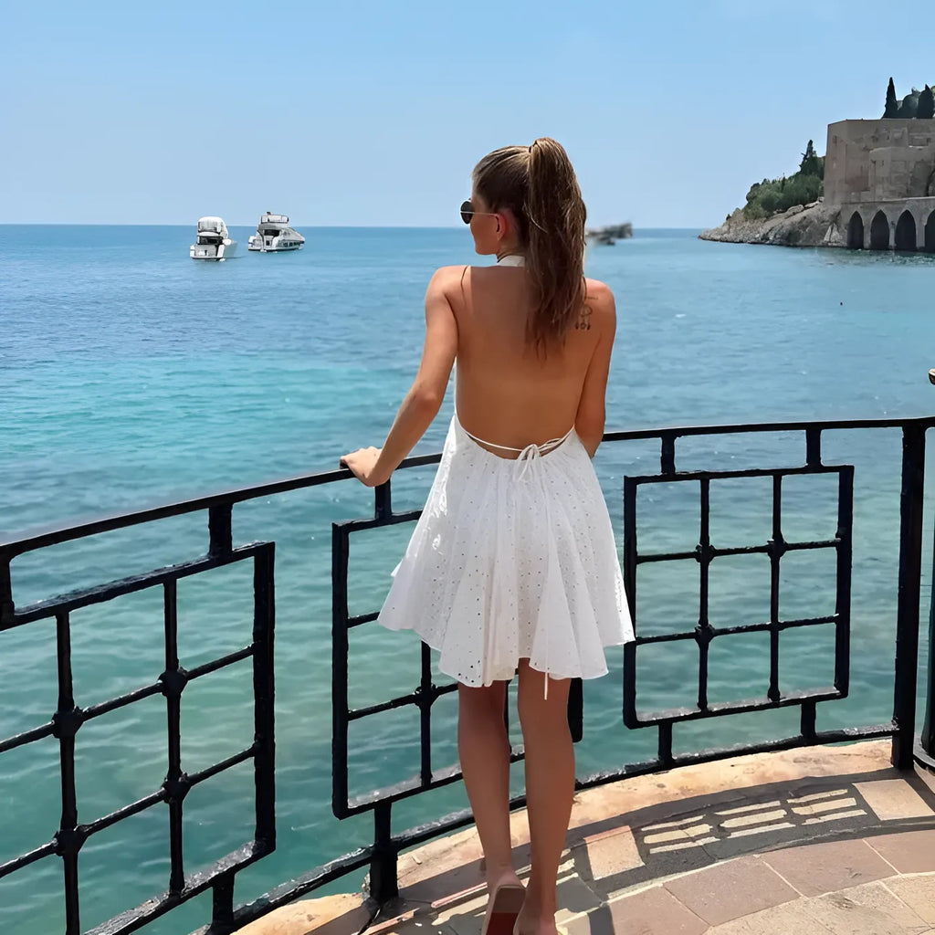 Halter Yaka Pamuklu Dantel Mini Elbise