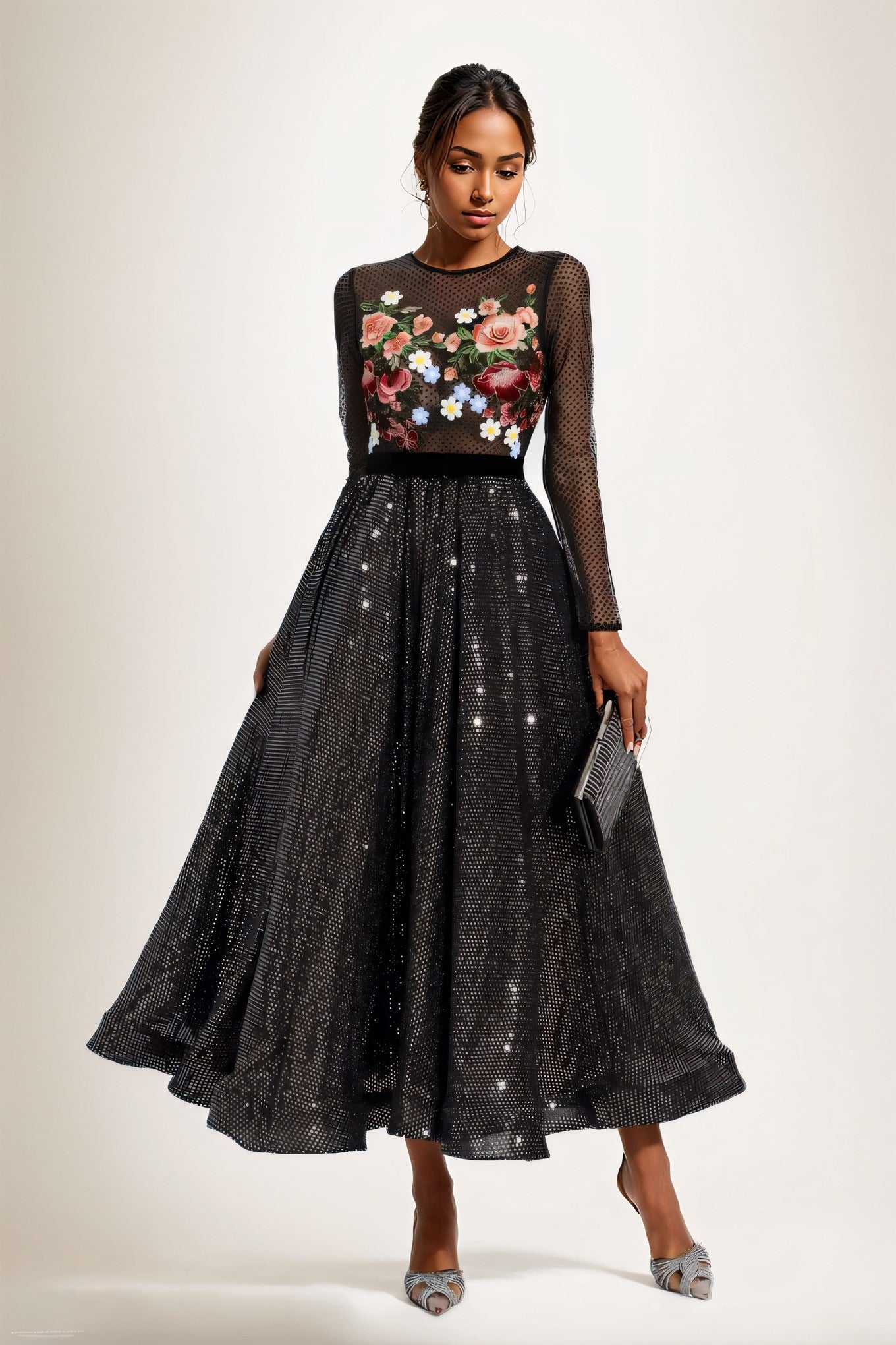 Zona Çiçek İşlemeli File Midi Elbise